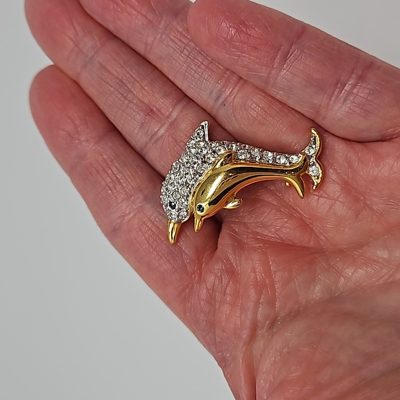 Dolphin Mother and Child Brooch Pin Rhinestones Gold Tone - Picture 2 of 9
